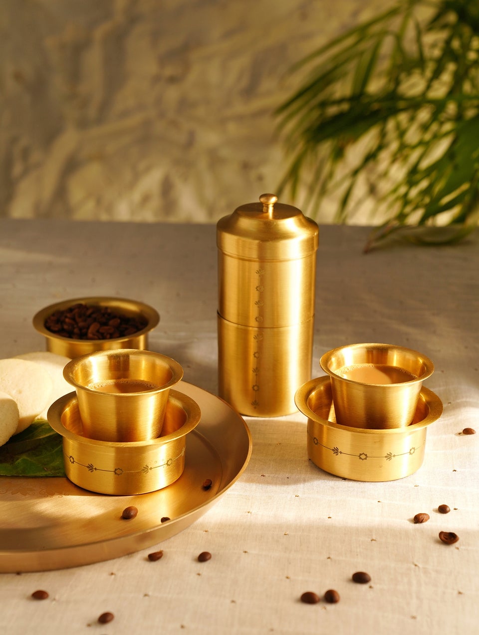 home Decor Antique Golden Brass Hand Crafted Coffee Set