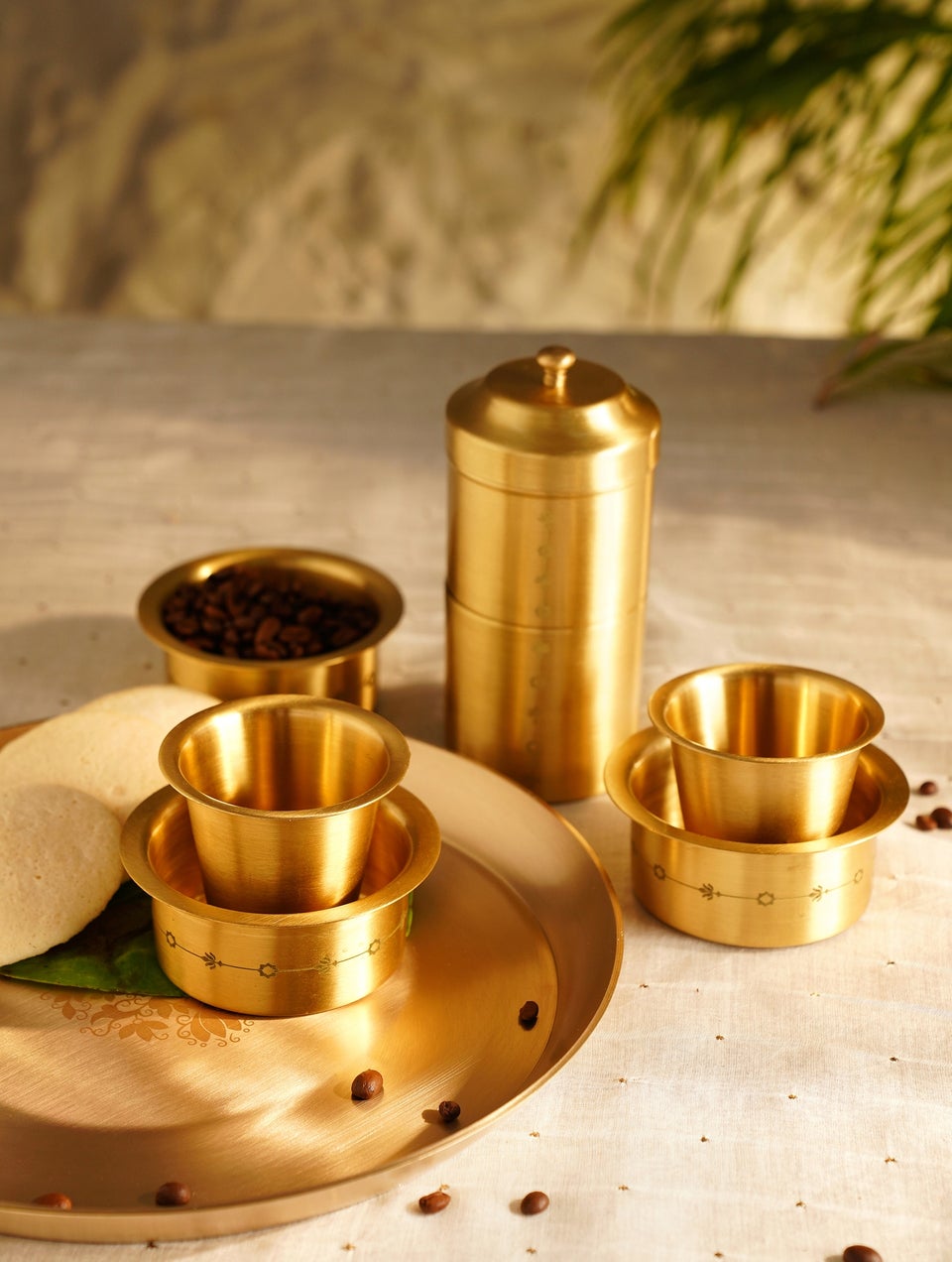 home Decor Antique Golden Brass Hand Crafted Coffee Set