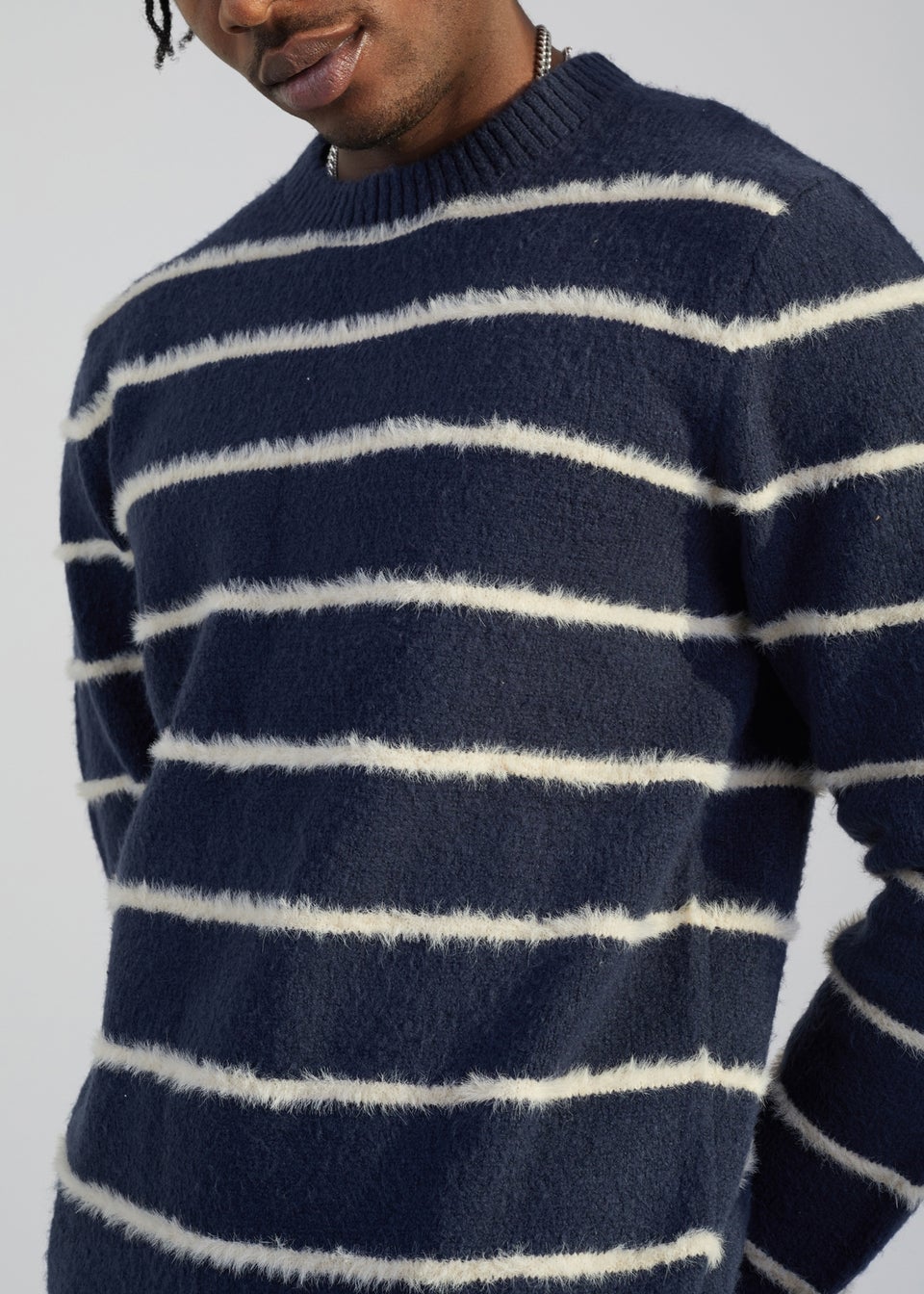 Brave Soul Navy High Crew Neck Striped Knit Jumper