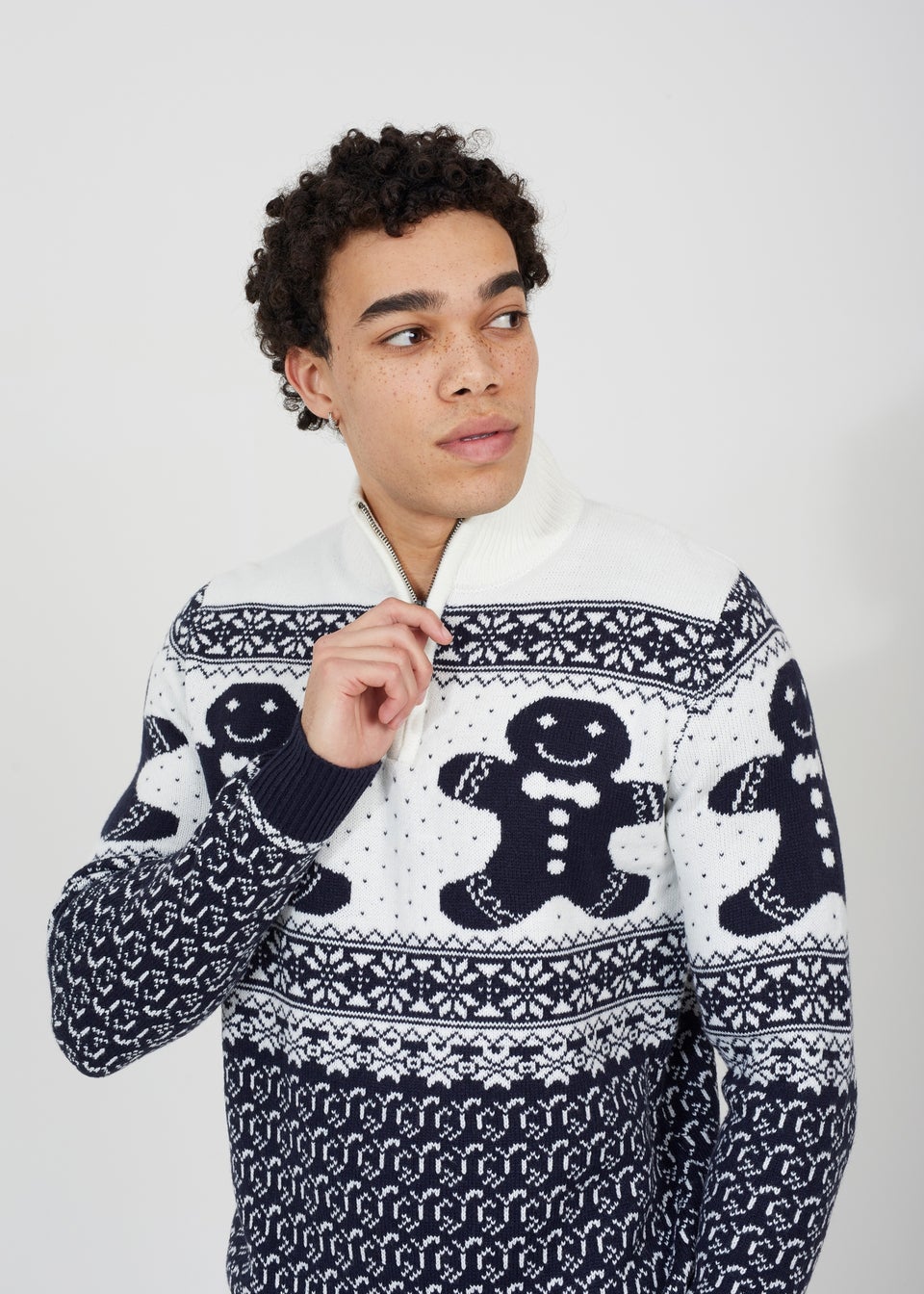 Brave Soul Navy Quarter Zip Fairisle Christmas Jumper