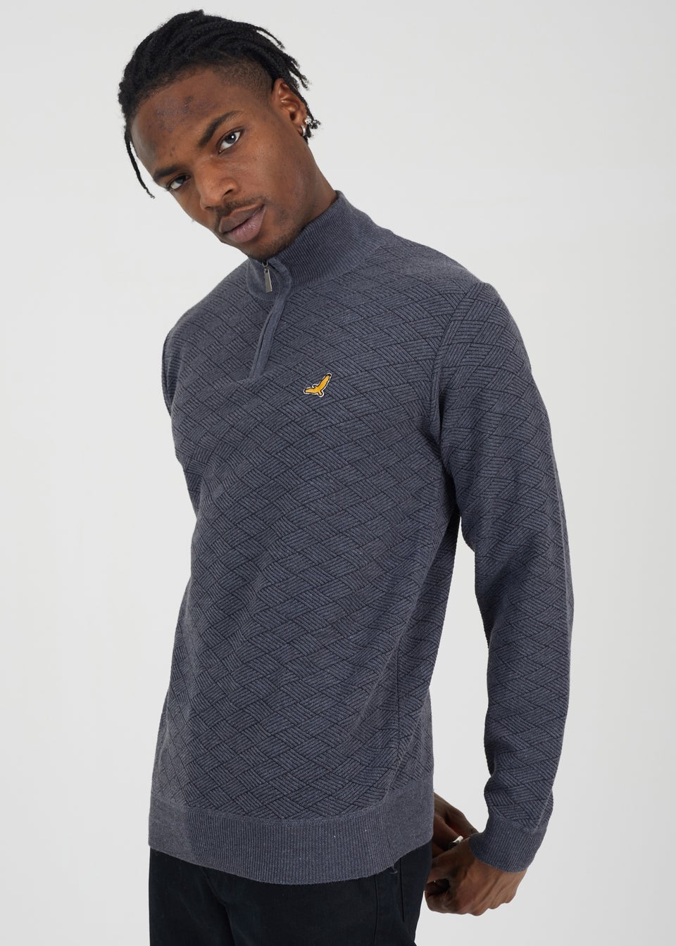 Brave Soul Grey Quarter Zip Funnel Neck Textured Knit Jumper