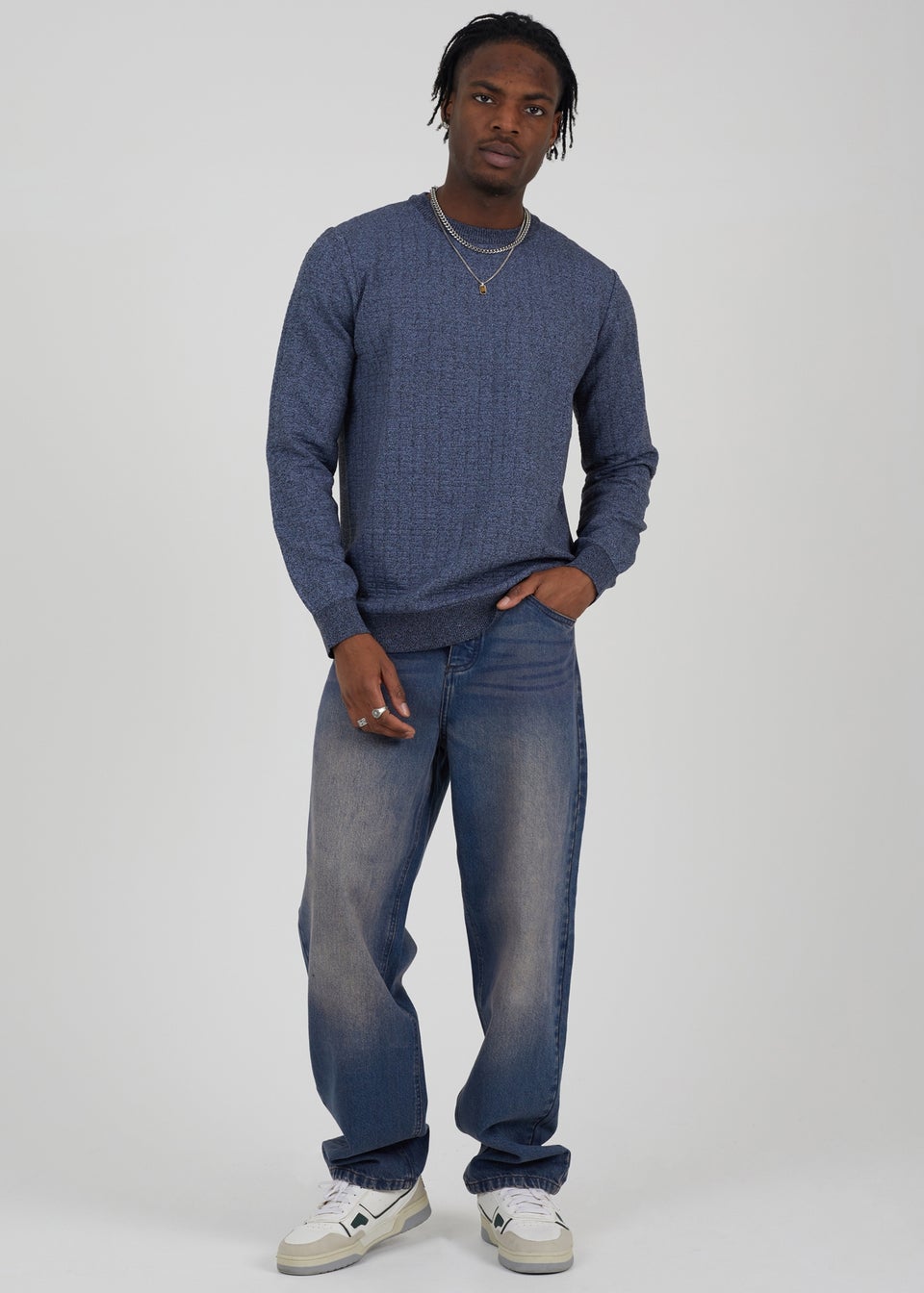 Brave Soul Blue Crew Neck Jaquard Knit Jumper