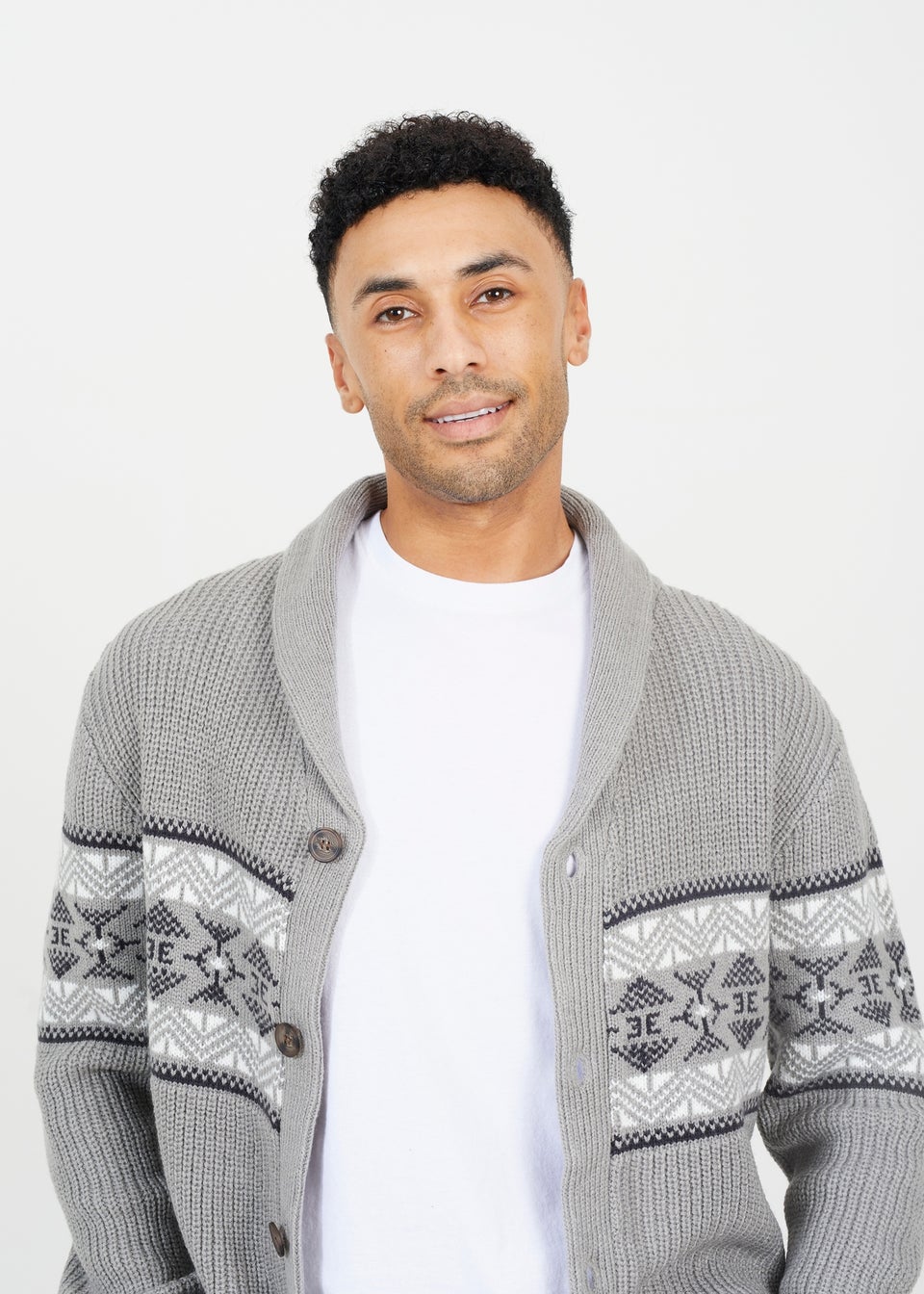 Brave Soul Grey V-Neck Shawl Collar Knit Cardigan with Jacquard Pattern