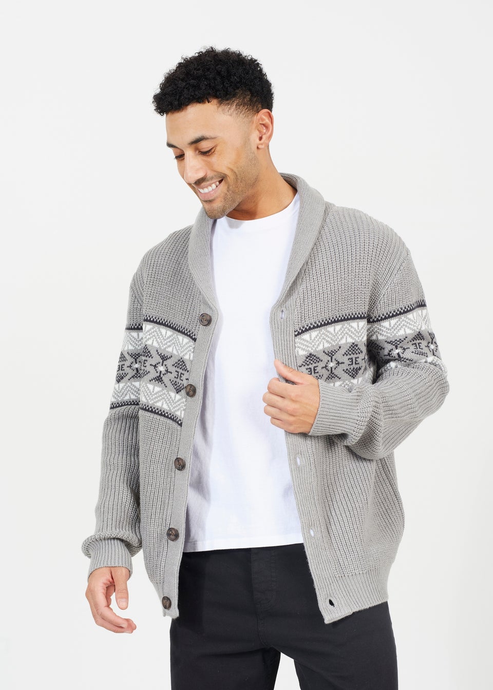 Brave Soul Grey V-Neck Shawl Collar Knit Cardigan with Jacquard Pattern