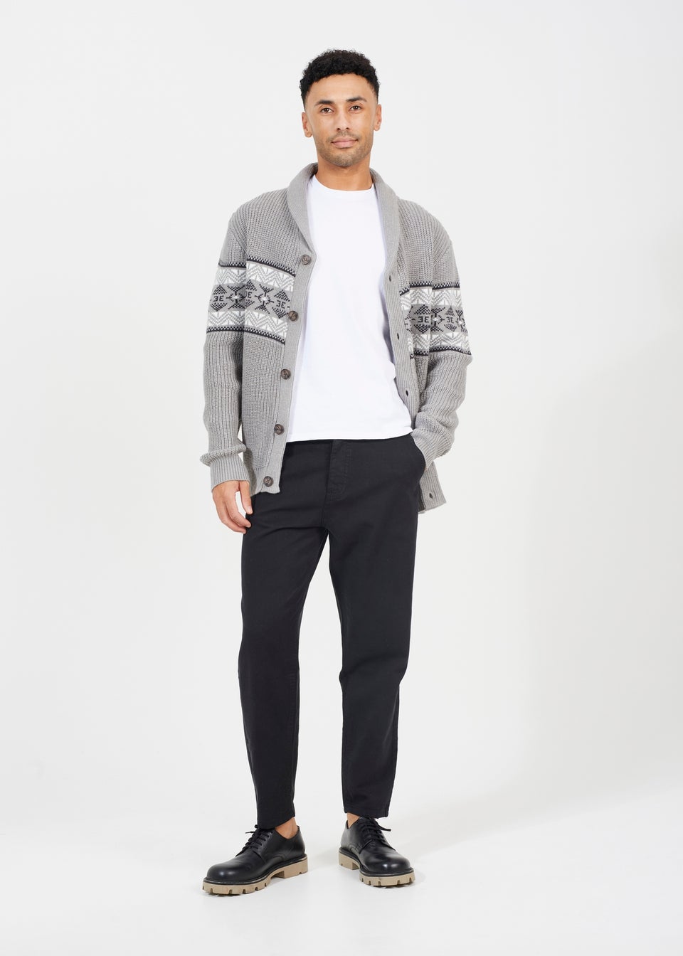 Brave Soul Grey V-Neck Shawl Collar Knit Cardigan with Jacquard Pattern