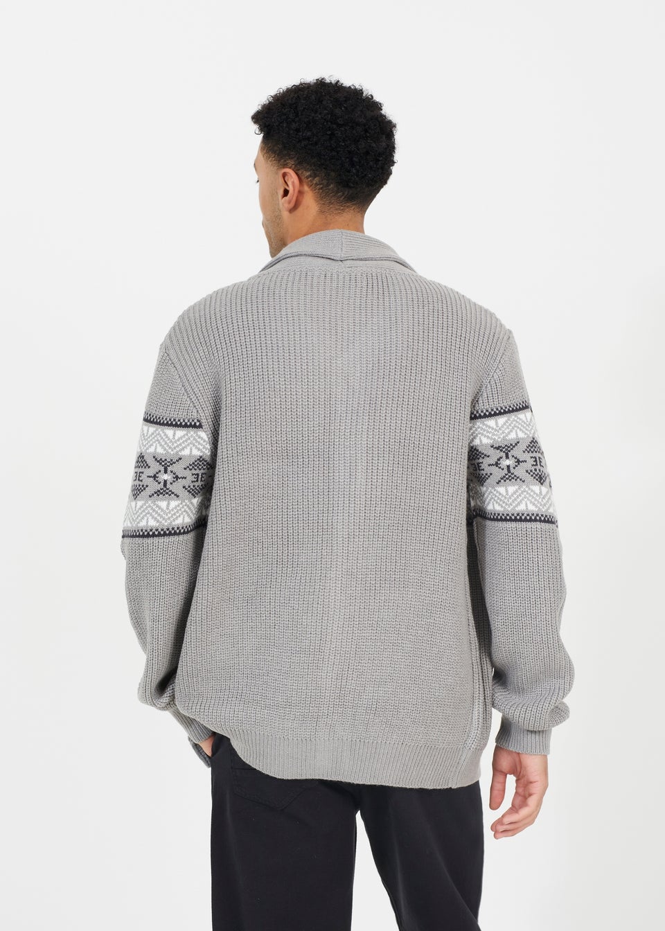 Brave Soul Grey V-Neck Shawl Collar Knit Cardigan with Jacquard Pattern
