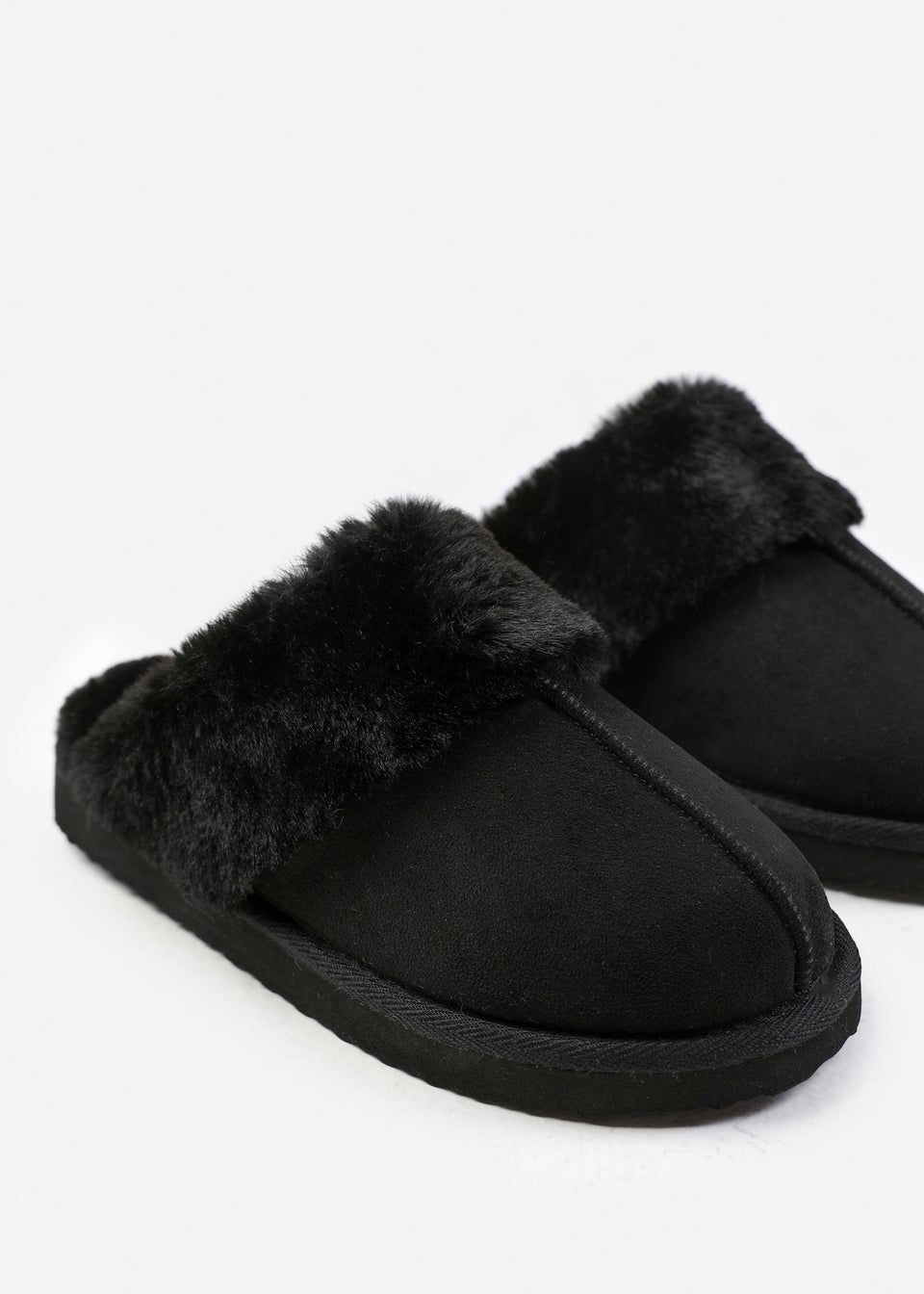 Where's That From Lounge Black Suede Slippers With Fur Trim