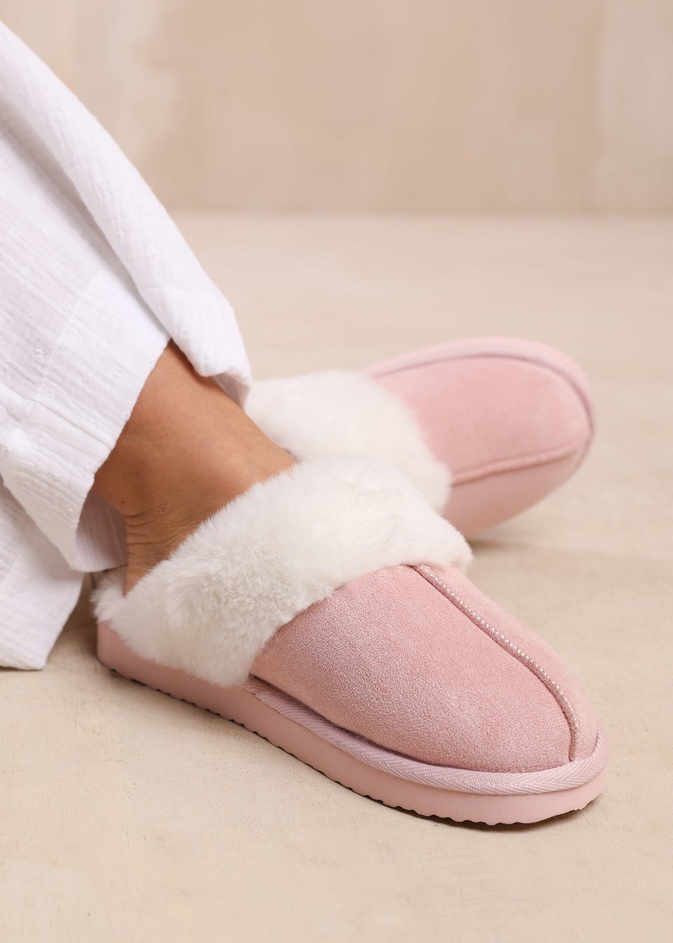 Where s That From Lounge Pink Suede Slippers With Fur Trim Matalan