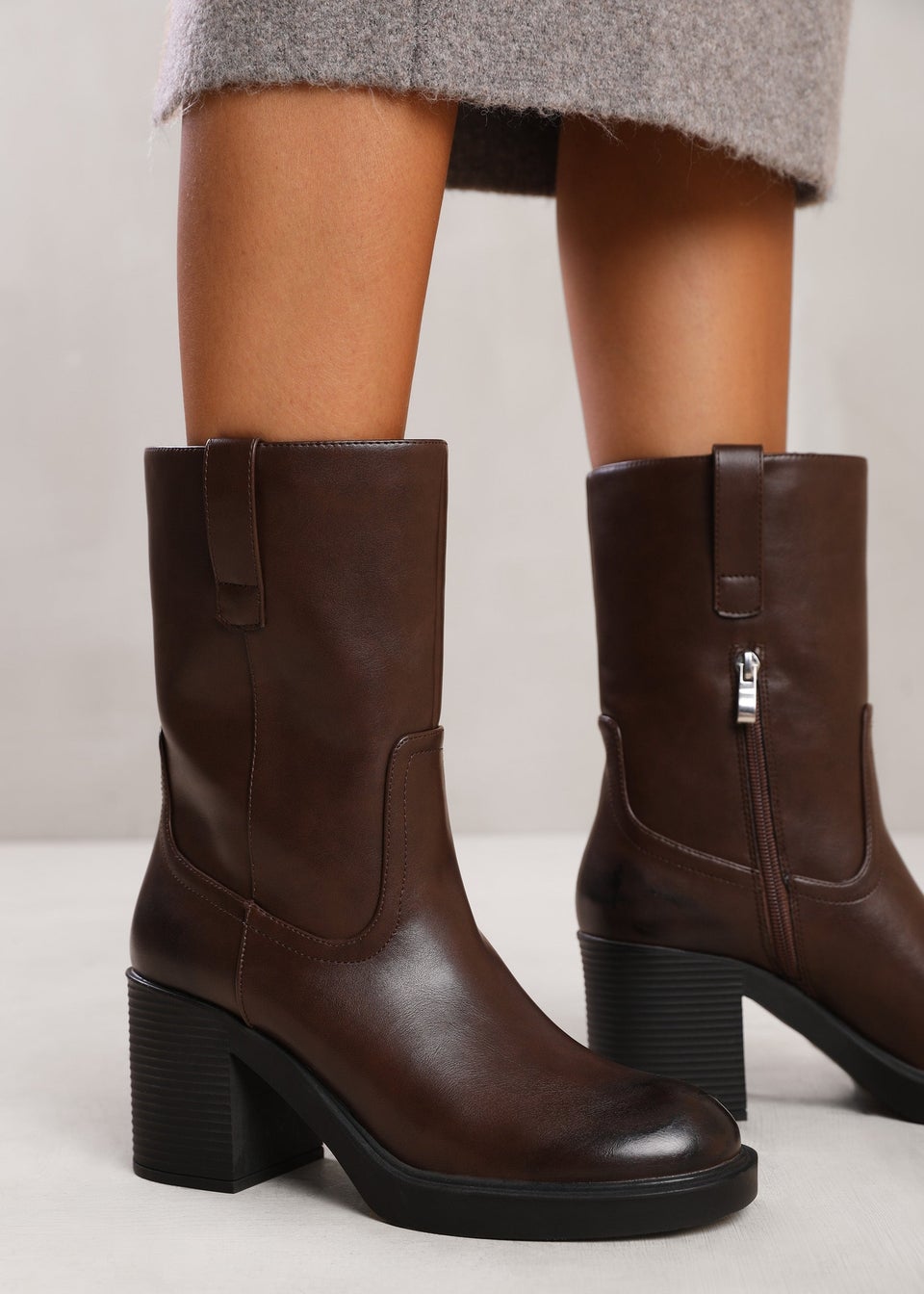 Mid calf brown leather flat boots cheap