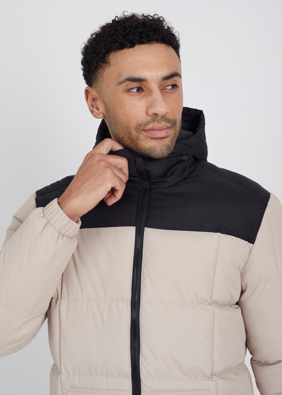 Brave Soul Stone Colour Block Padded Hooded Jacket