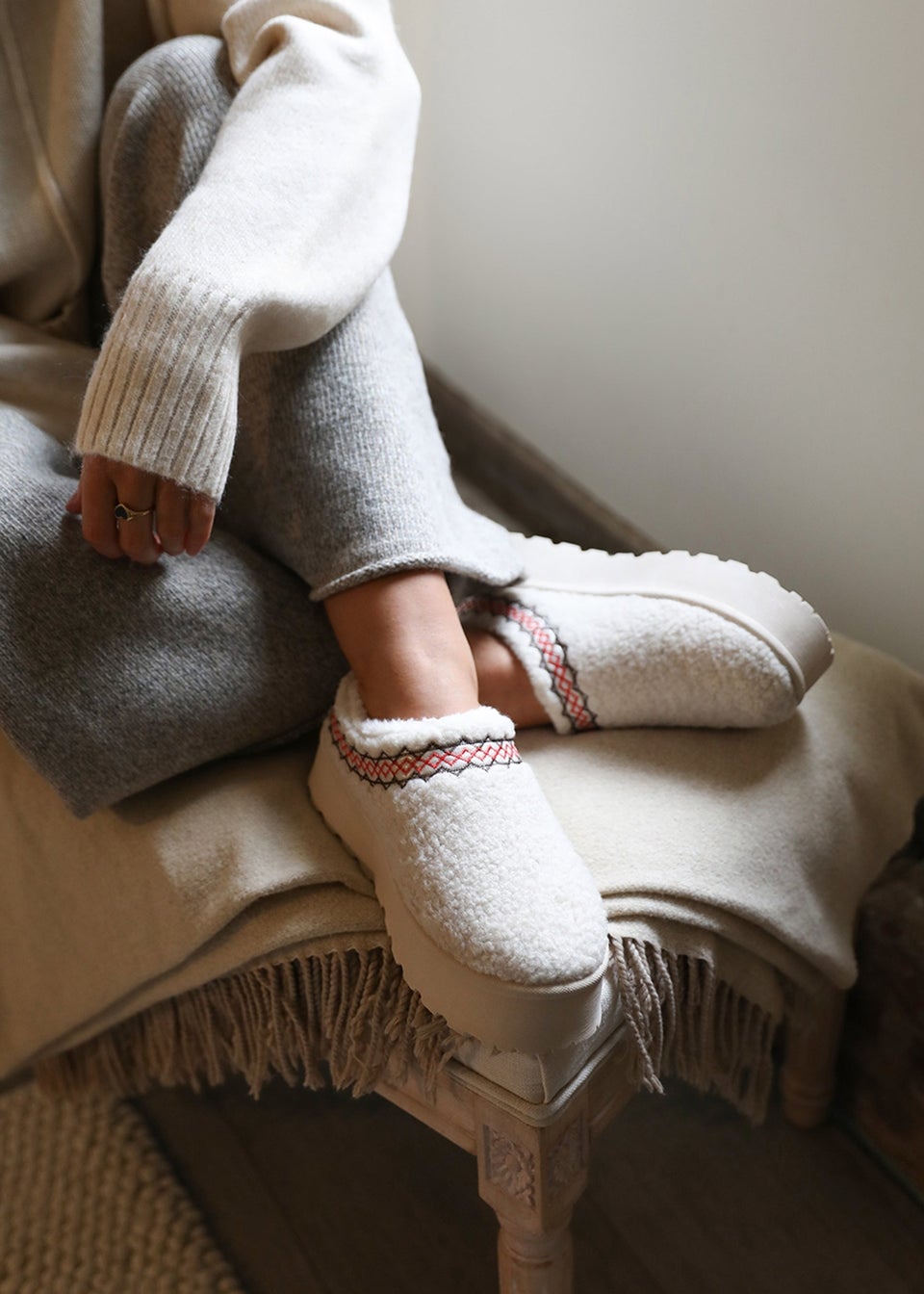 Where s That From Cherry Cream Shearling Aztec Detail Slipper Boots Matalan