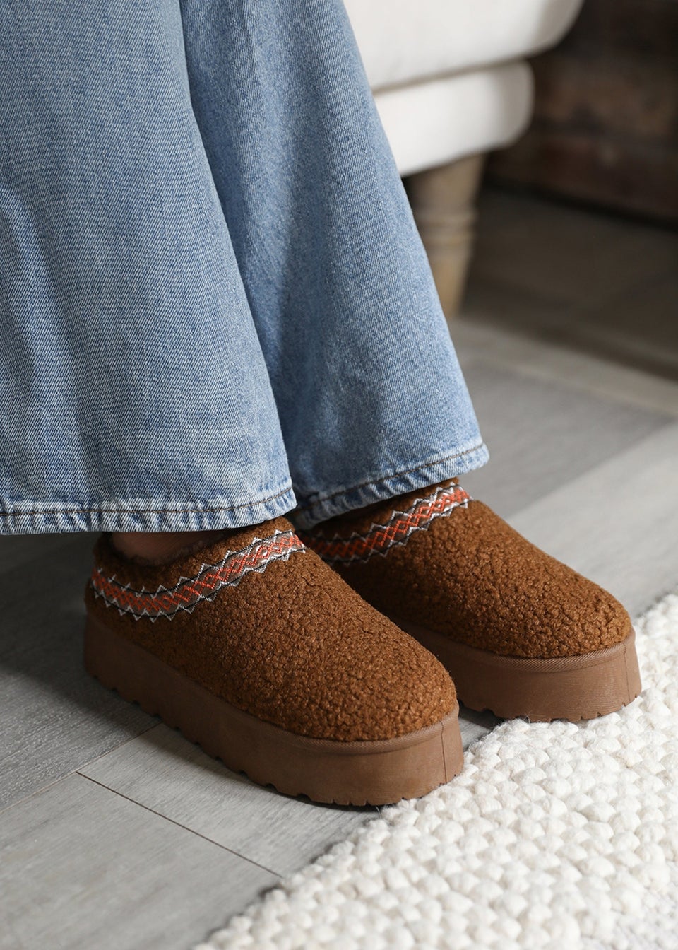 Where s That From Cherry Chestnut Shearling Aztec Detail Slipper Boots Matalan