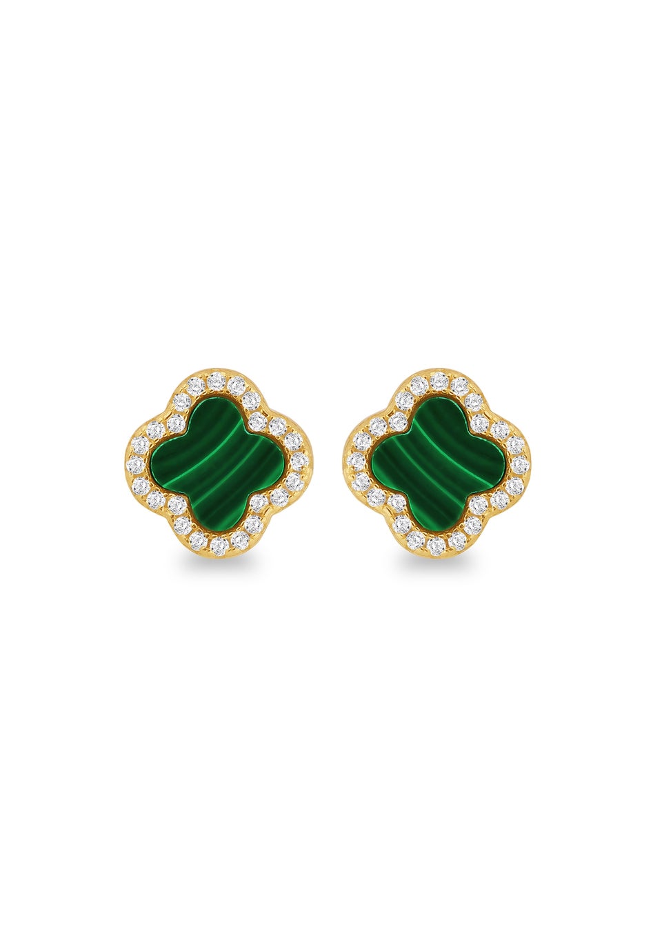 Golden Moments Yellow Gold Plated Clover Malachite CZ Stud Earrings