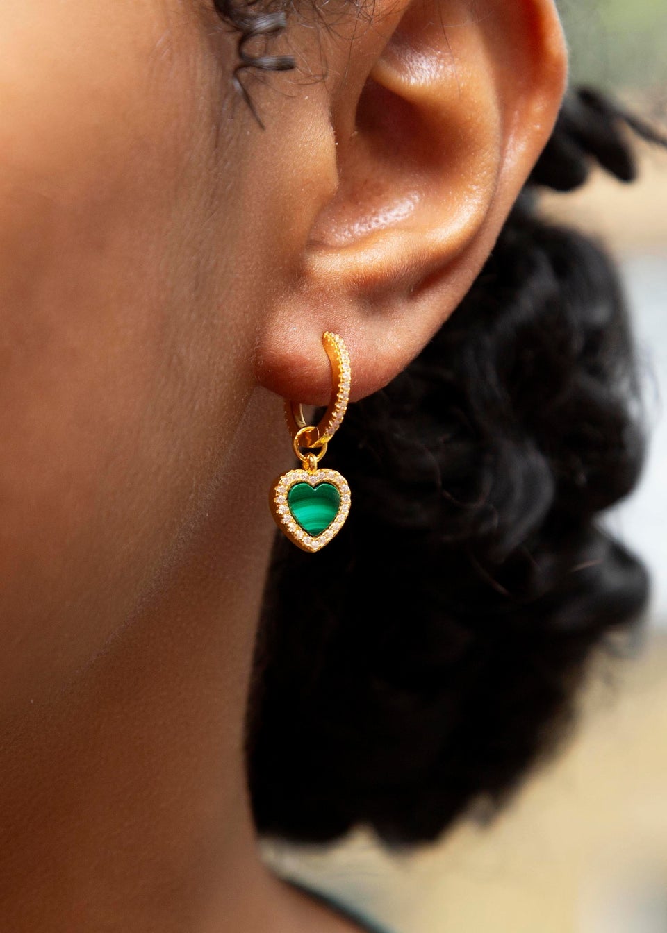 Golden Moments Yellow Gold Plated Heart Malachite CZ Huggy Hoop Drop Earrings