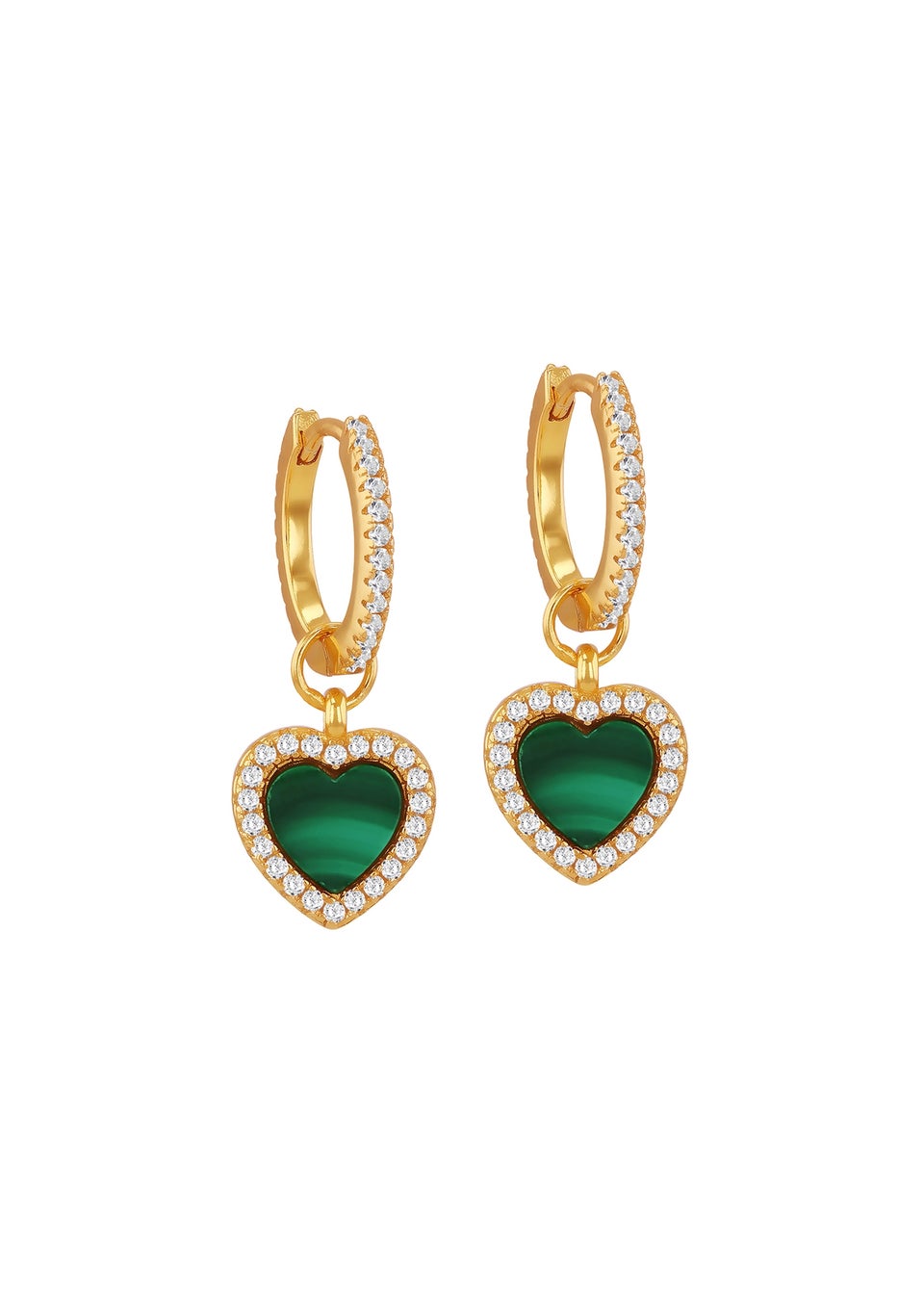 Golden Moments Yellow Gold Plated Heart Malachite CZ Huggy Hoop Drop Earrings
