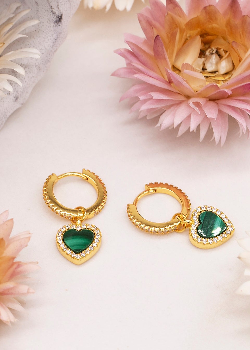 Golden Moments Yellow Gold Plated Heart Malachite CZ Huggy Hoop Drop Earrings
