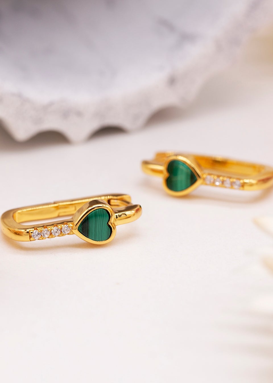 Golden Moments Yellow Gold Plated Heart Malachite CZ Huggy Earrings