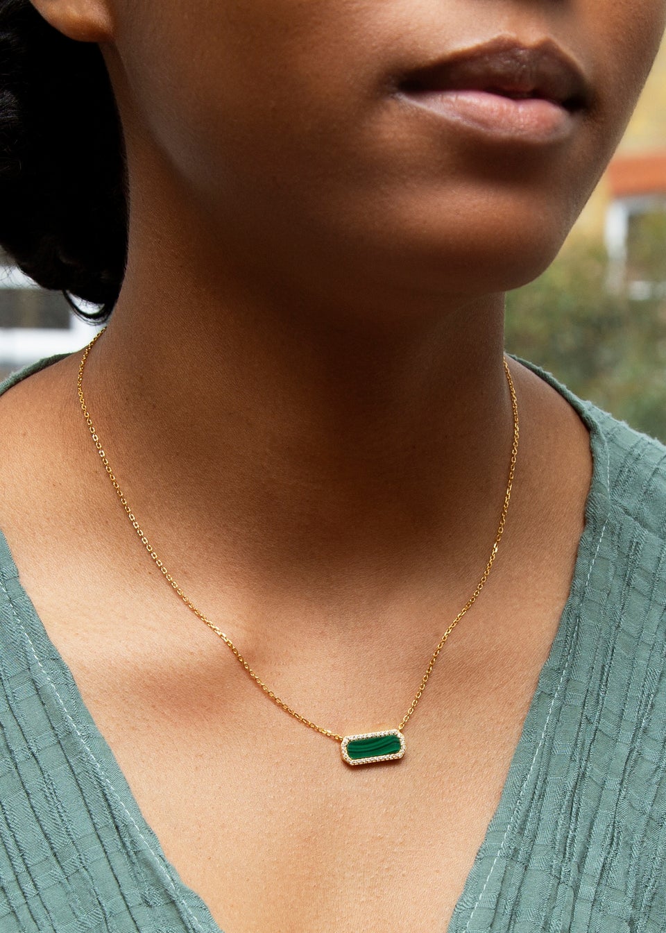 Golden Moments Yellow Gold Plated Octagonal Malachite and CZ  Necklace