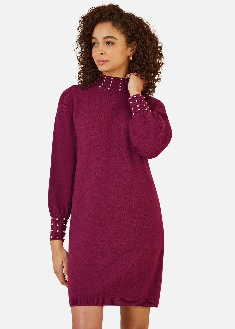Mela Plum Pearl Detail Knitted Relaxed Jumper Dress