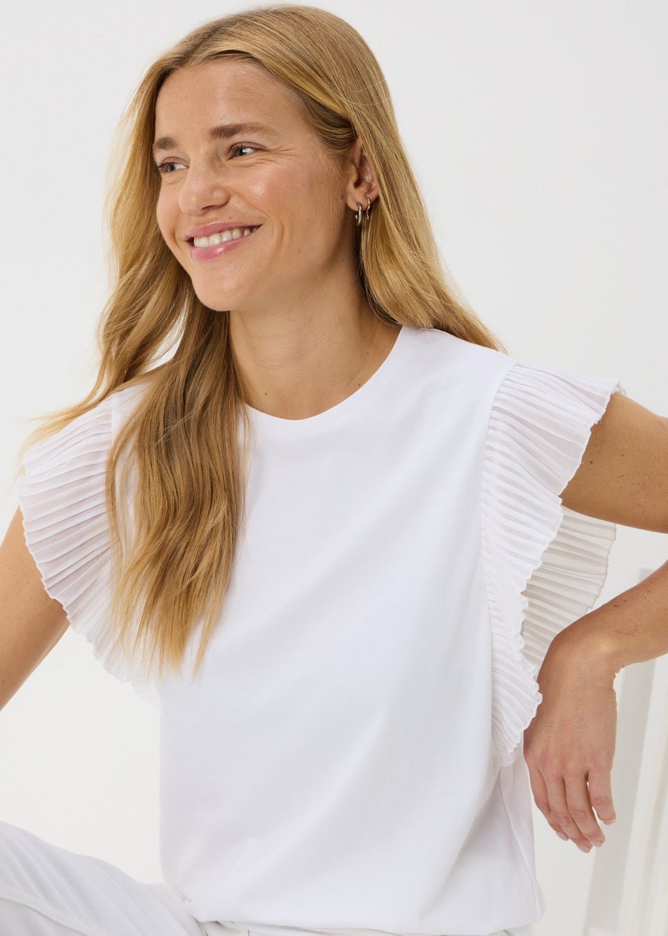 White Pleated Sleeve T-Shirt