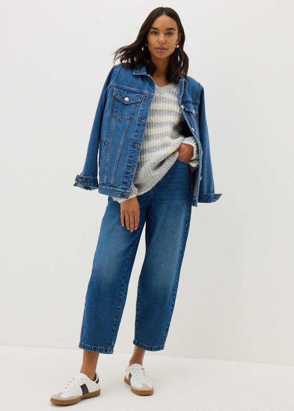 Grey Stripe Ribbed V-Neck Jumper