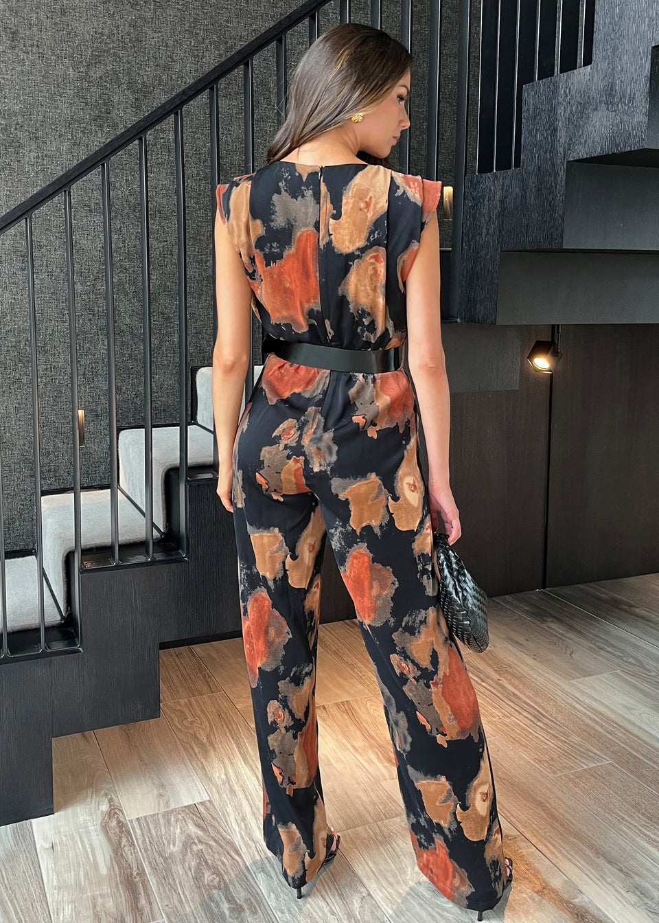 AX Paris Multi Smudge Print Belted Wide Leg Jumpsuit