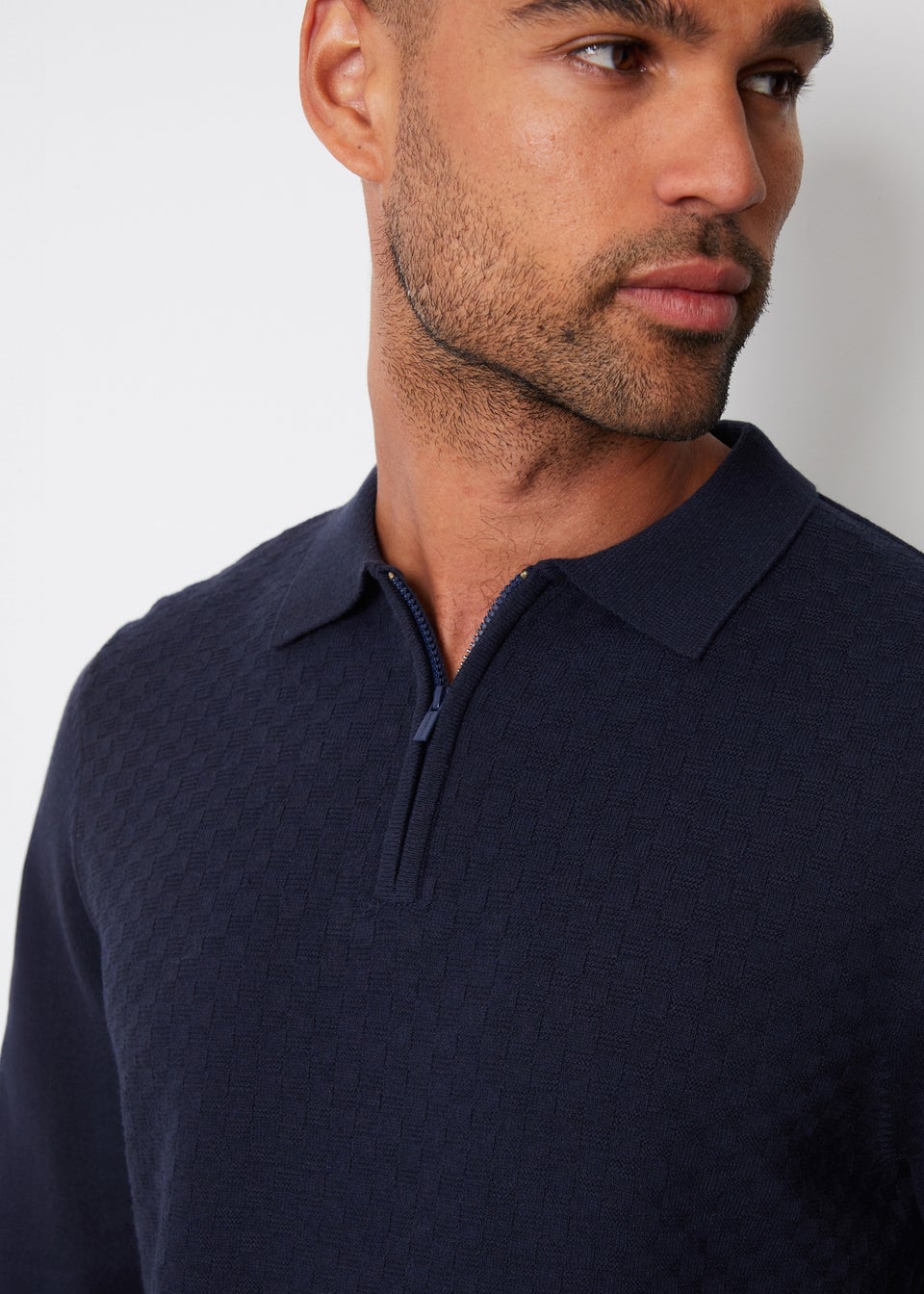 Threadbare Navy Long Sleeve Quarter Zip Knitted Polo Jumper