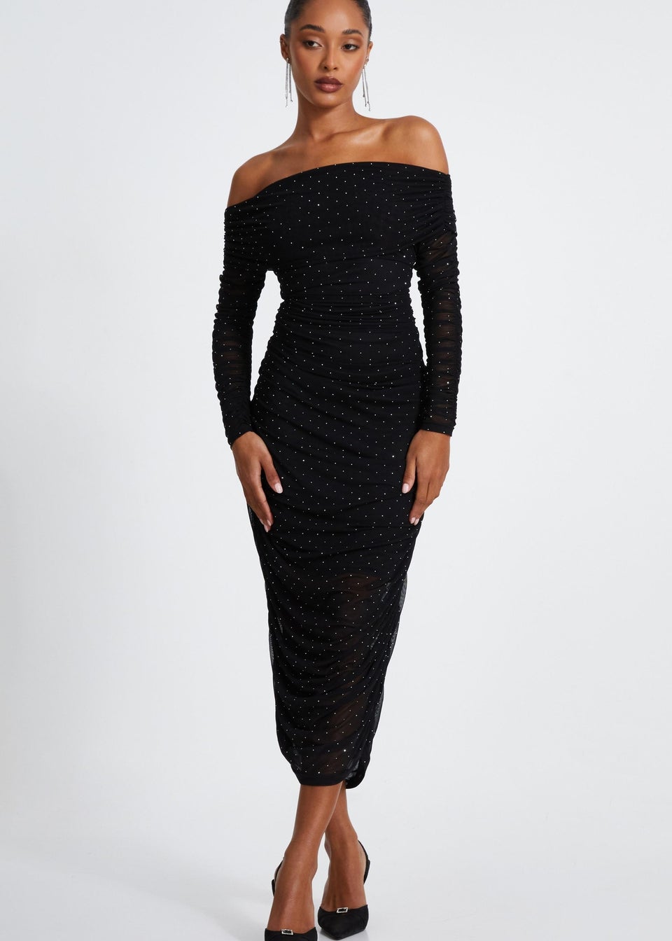 Quiz Black Mesh Bardot Midaxi Dress Matalan