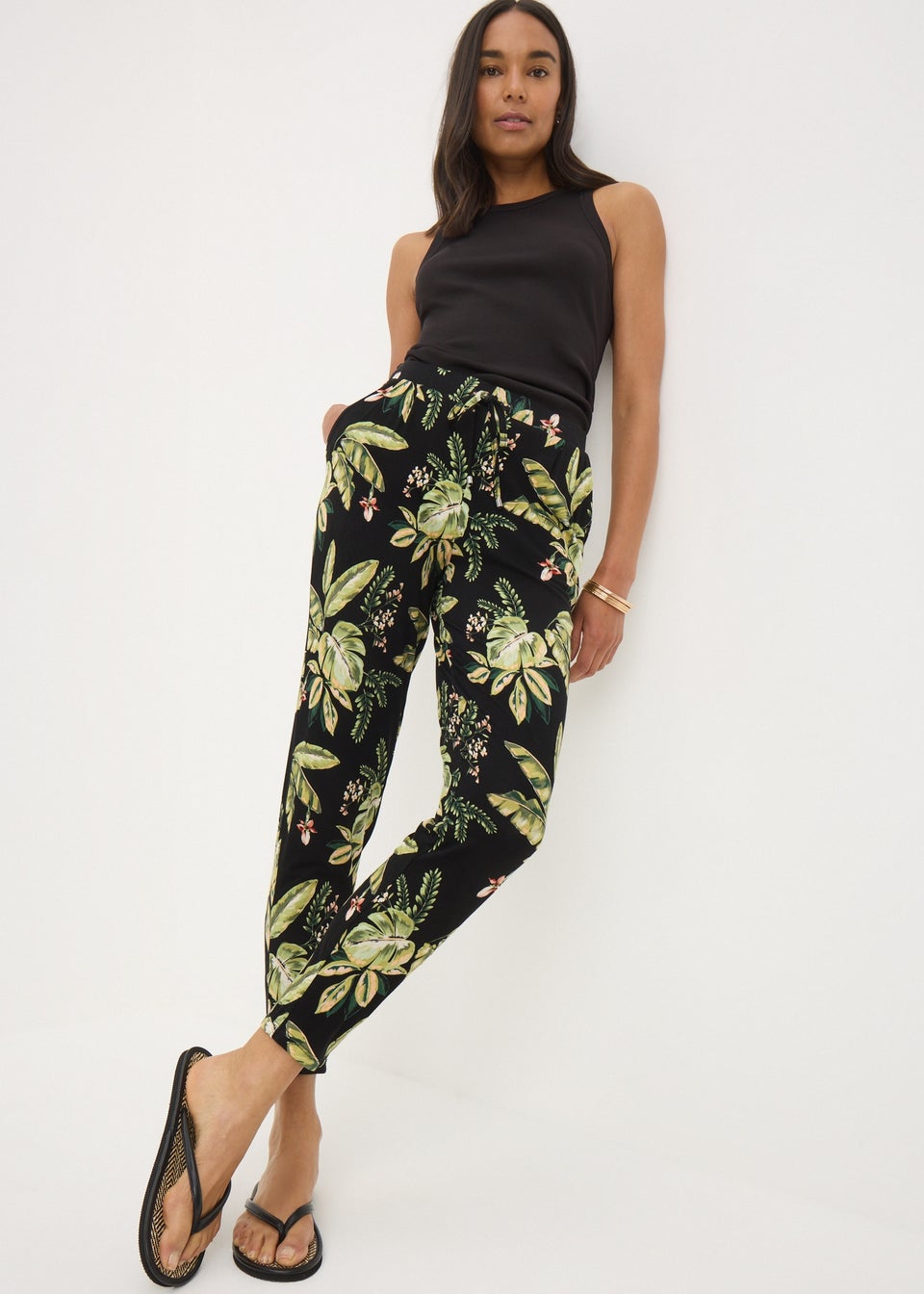 Khaki Tropical Leaf Harem Trousers