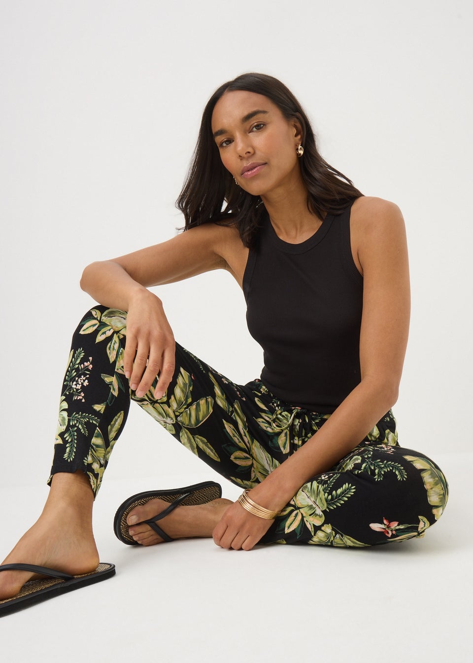 Khaki Tropical Leaf Harem Trousers
