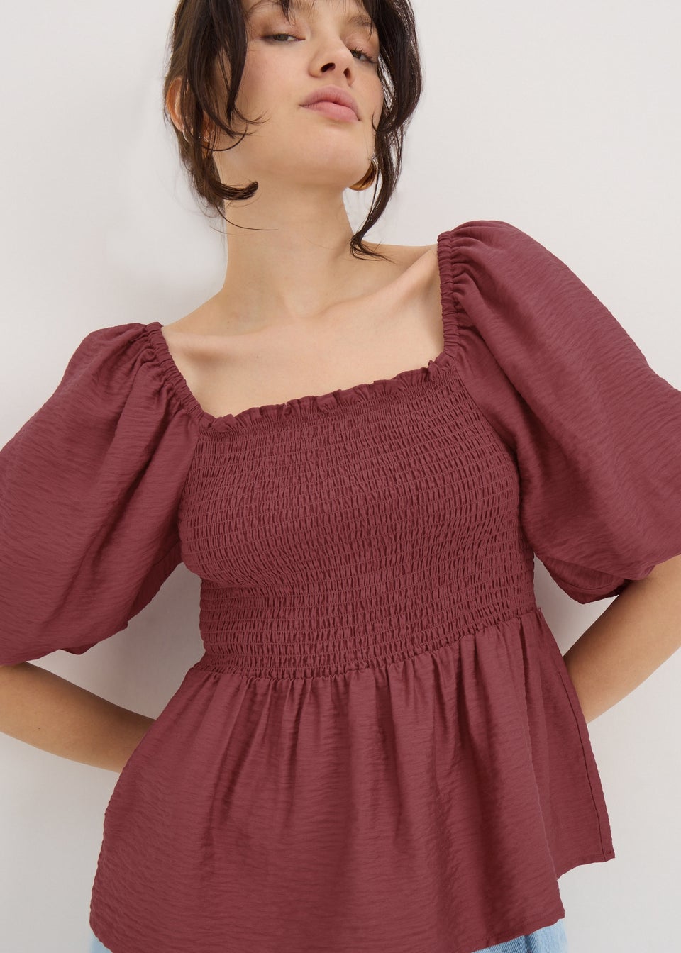 Burgundy Shirred Tie Back Blouse