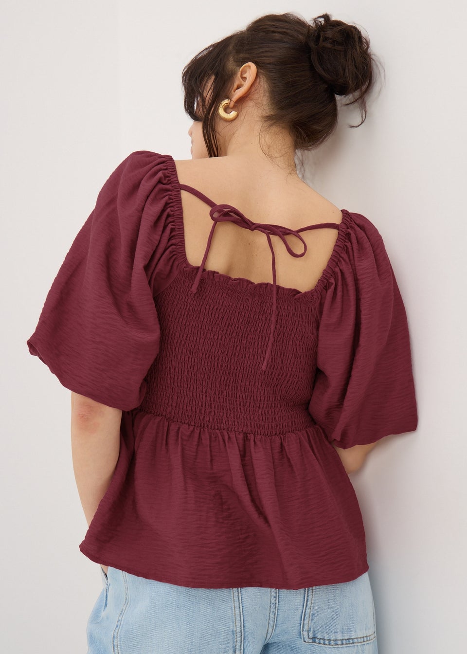 Burgundy Shirred Tie Back Blouse
