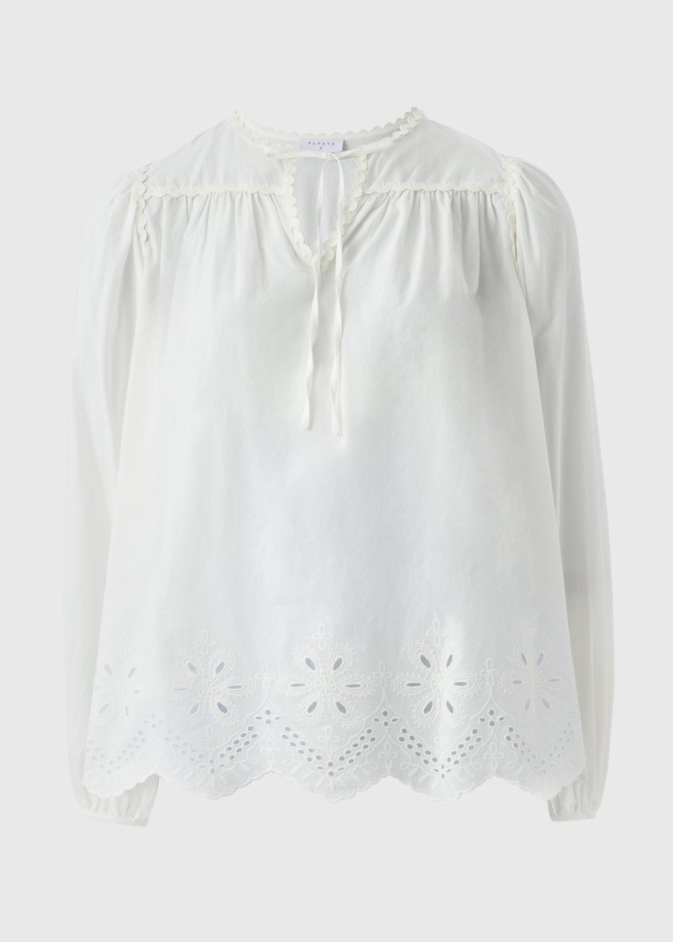 White Embroidered Tie Neck Blouse