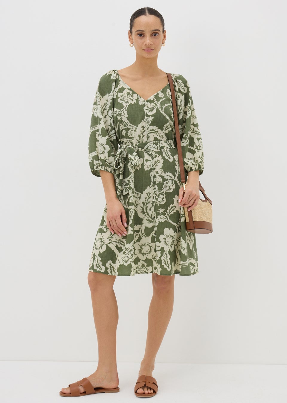 Green Floral Belted Mini Tea Dress