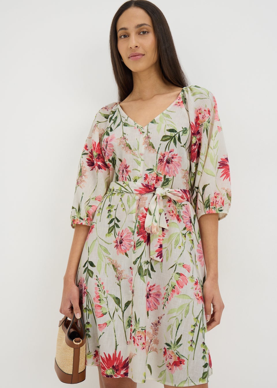 Sage Green Floral Tie Waist Mini Dress