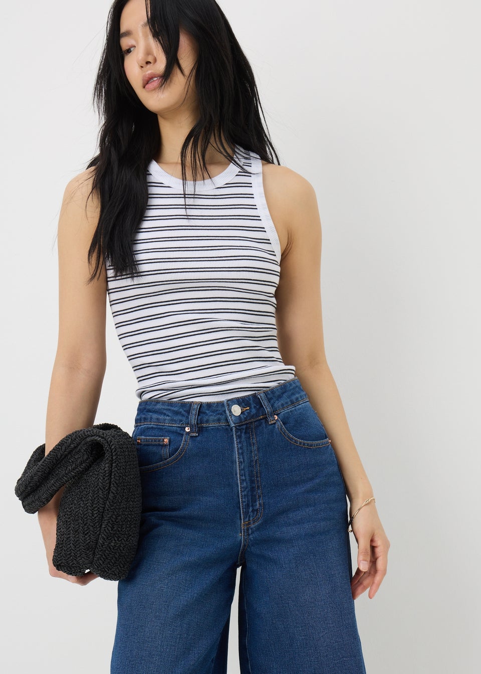 Black Ribbed Stripe High Neck Racer Back Vest Top