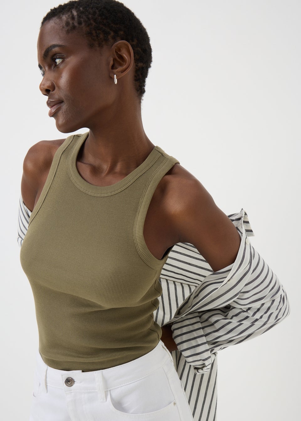 Khaki High Neck Ribbed Vest