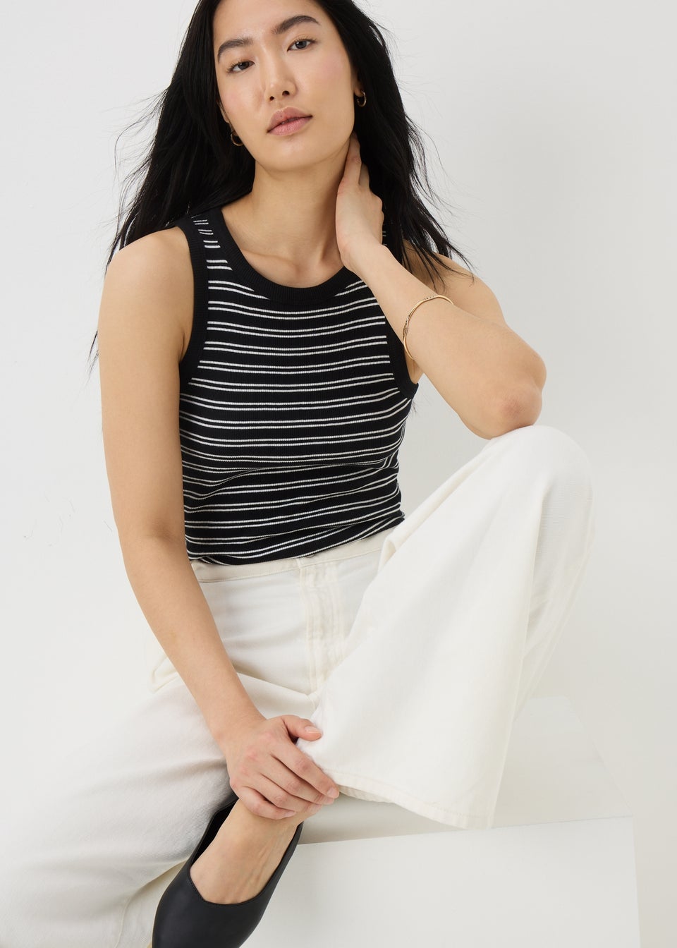 White Ribbed Stripe High Neck Racer Back Vest Top
