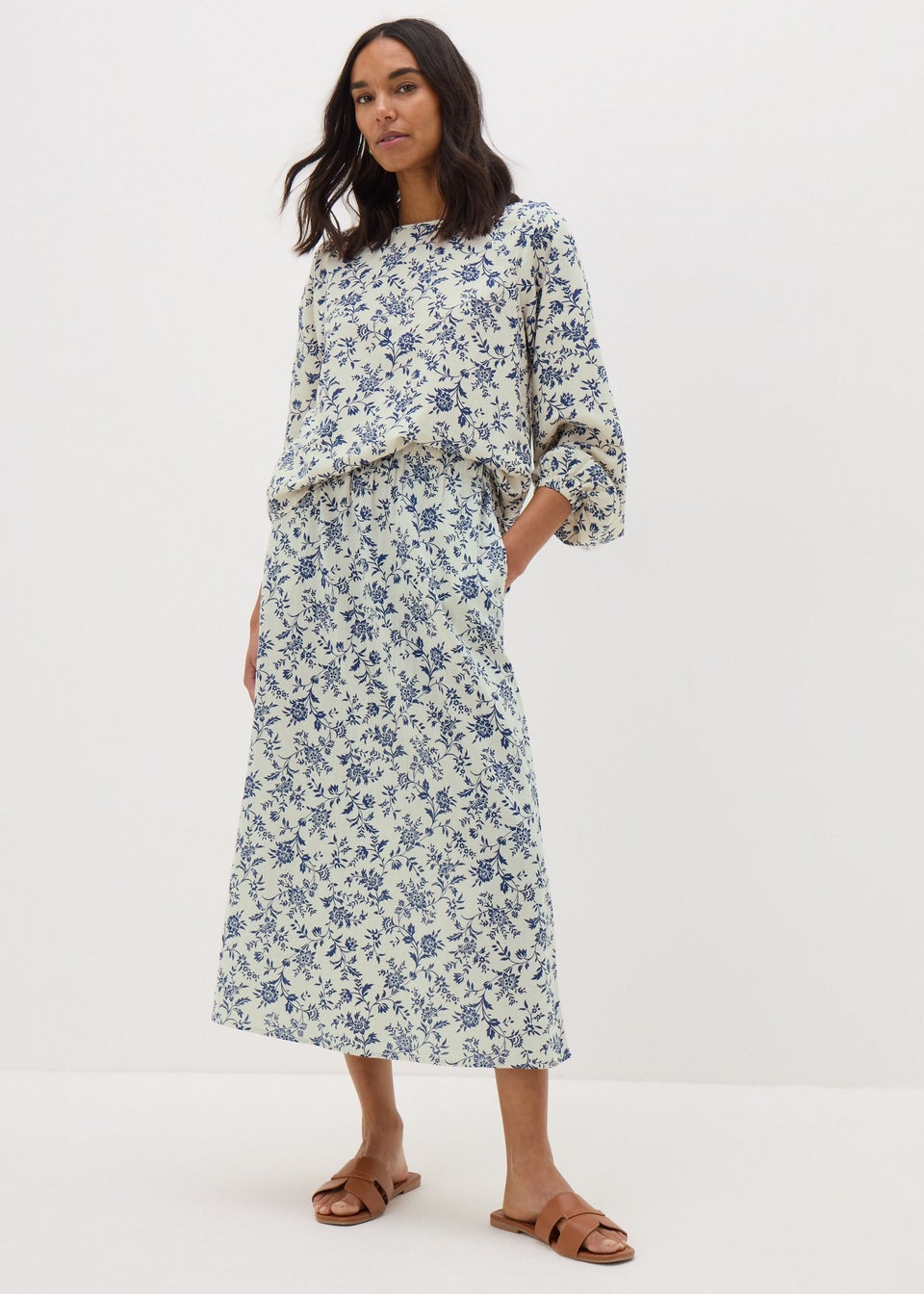Blue Floral Midi Skirt