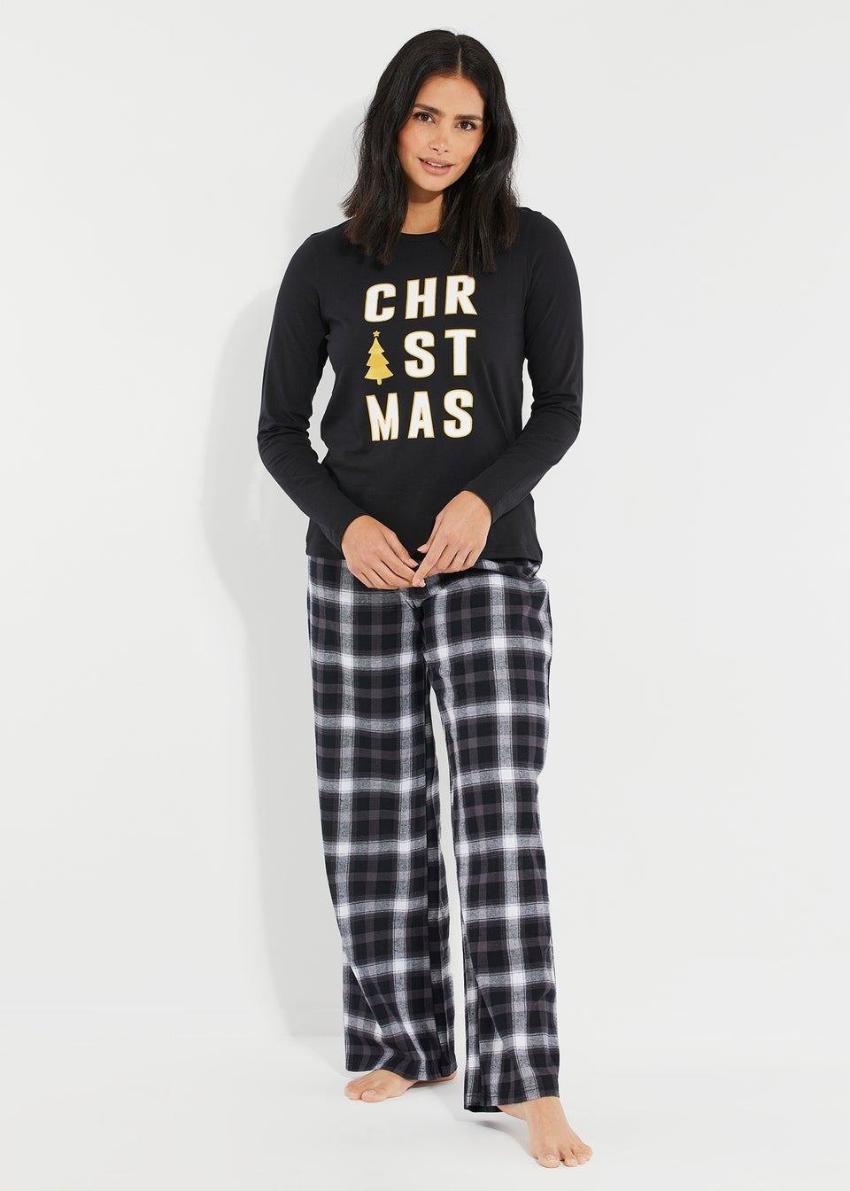 Threadbare Black Harold Cotton Long Sleeve Christmas Check Pyjama Set