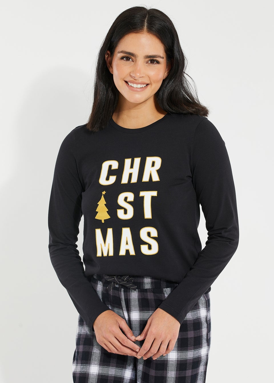 Threadbare Black Harold Cotton Long Sleeve Christmas Check Pyjama Set