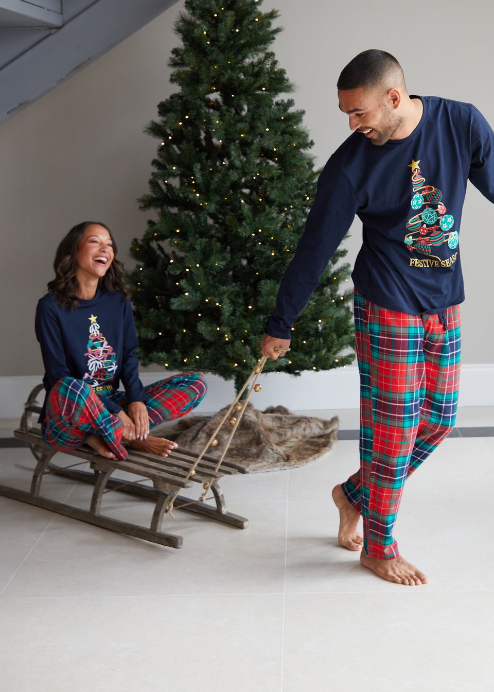 Threadbare Blue Cotton Long Sleeve Christmas Check Pyjama Set