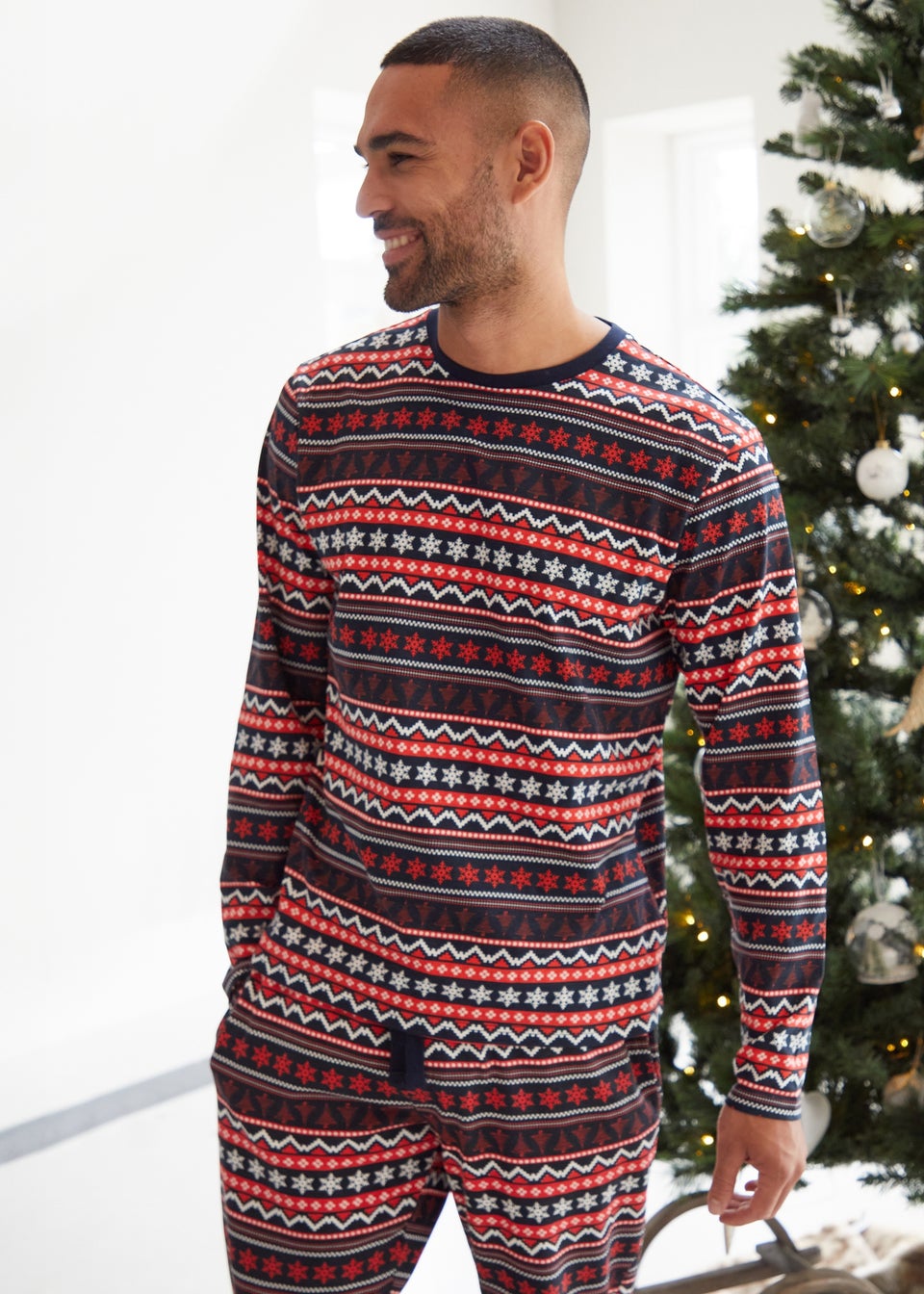 Threadbare Red Cotton Long Sleeve Christmas Fairisle Pyjama Set