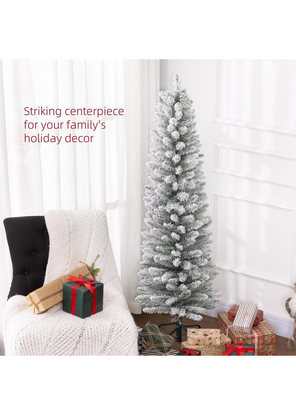 HOMCOM Artificial Pencil Christmas Tree with Snow Flocked Tips