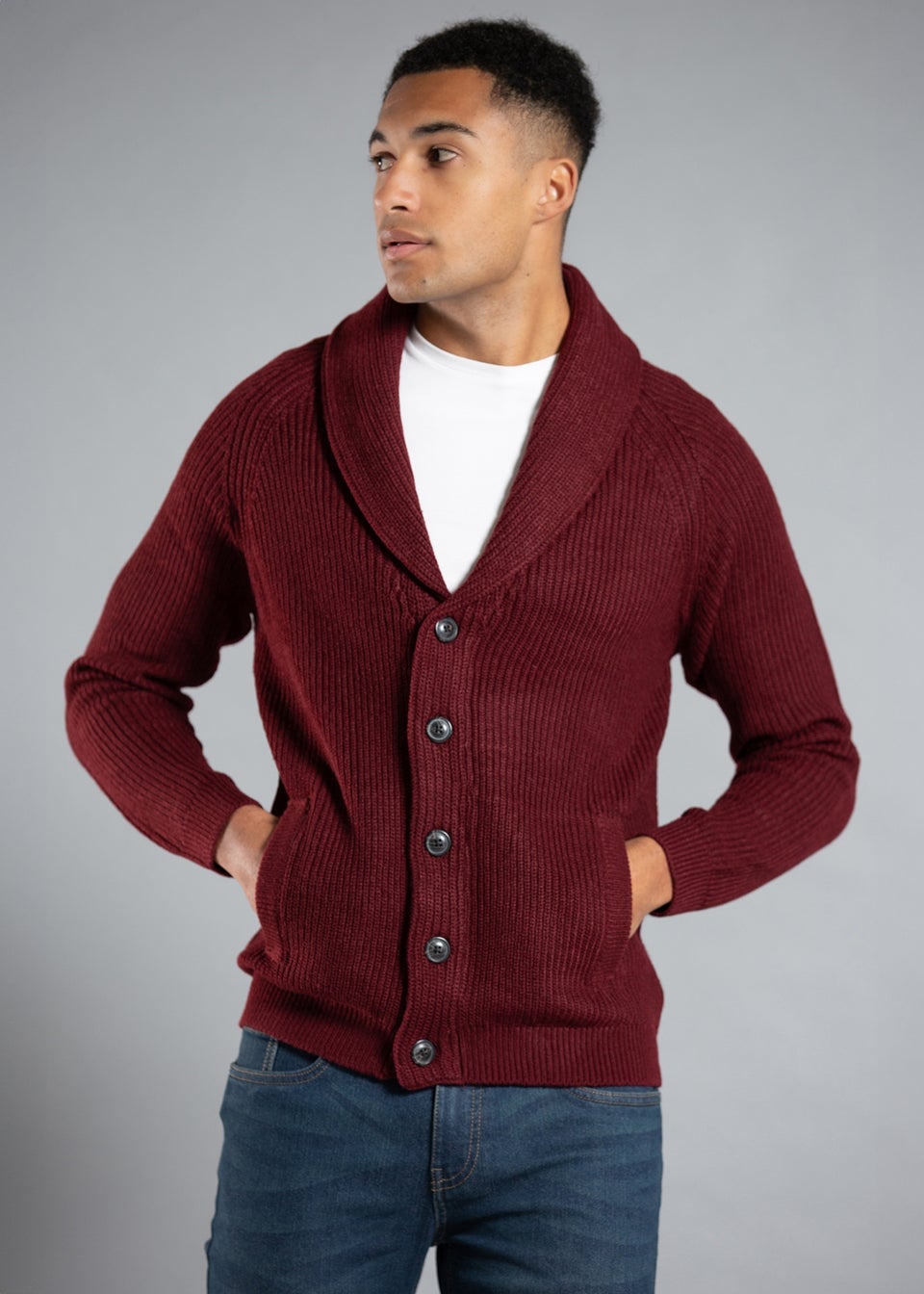 Tokyo Laundry Burgundy Shawl Neck Ribbed Cardigan