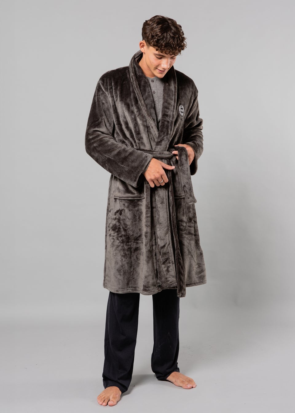 Tokyo Laundry Dark Grey Plush Shawl Collar Dressing Gown