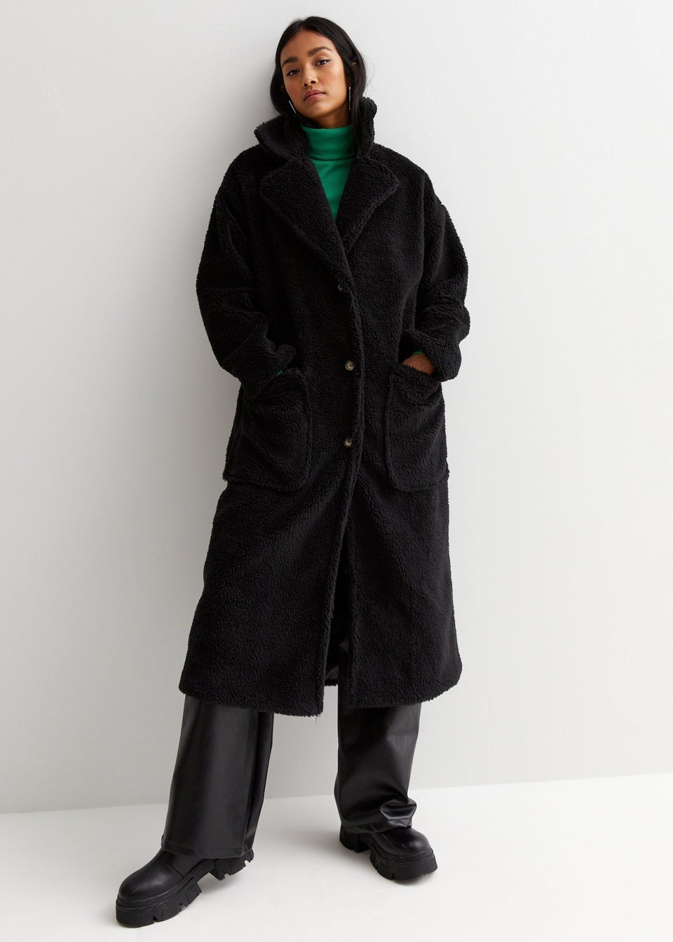 Gini London Black Longline Teddy Coat Matalan