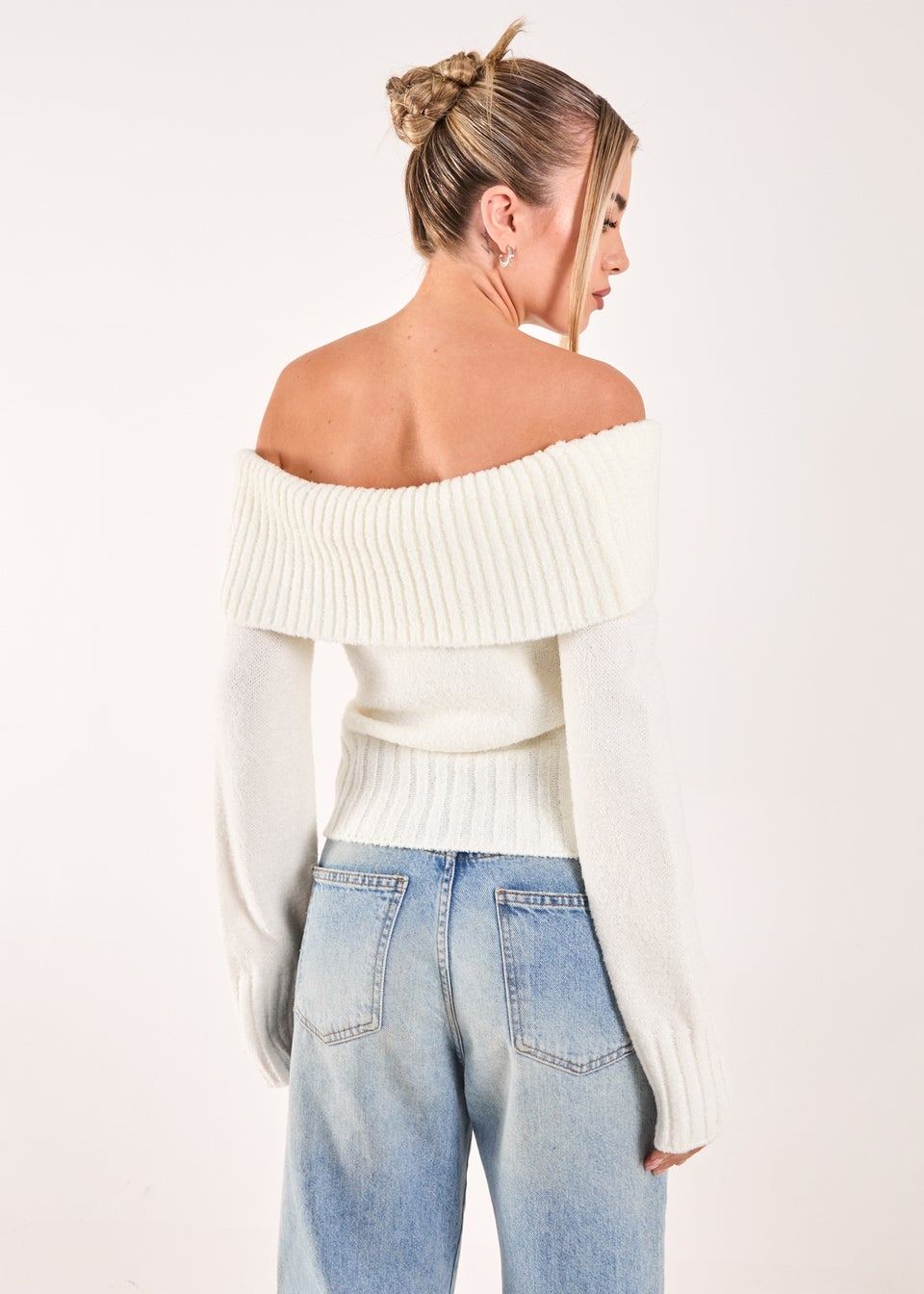 Pink Vanilla Ivory Knit Fitted Bardot Jumper