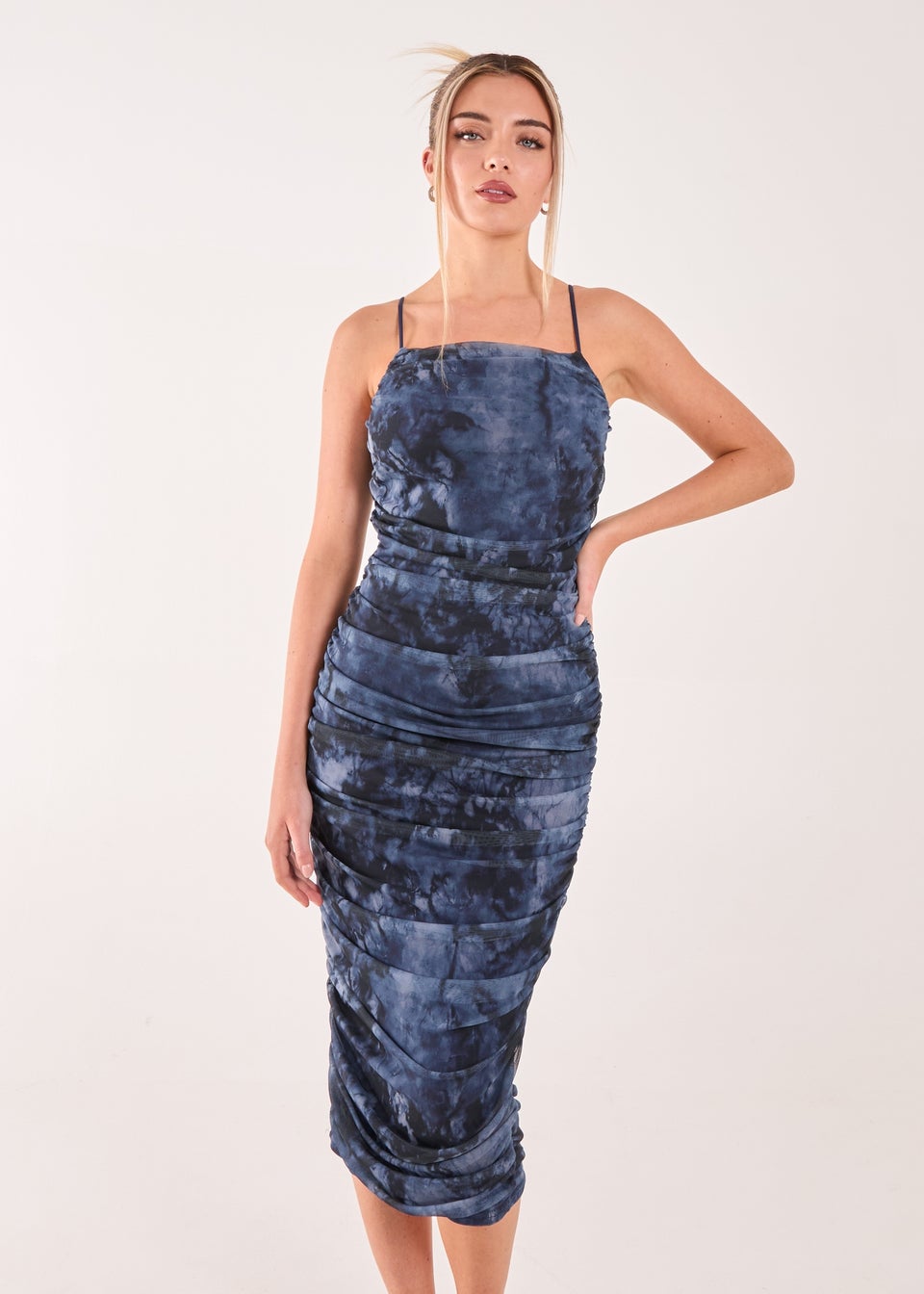 Pink Vanilla Navy Distressed Mesh Racer Midi Dress