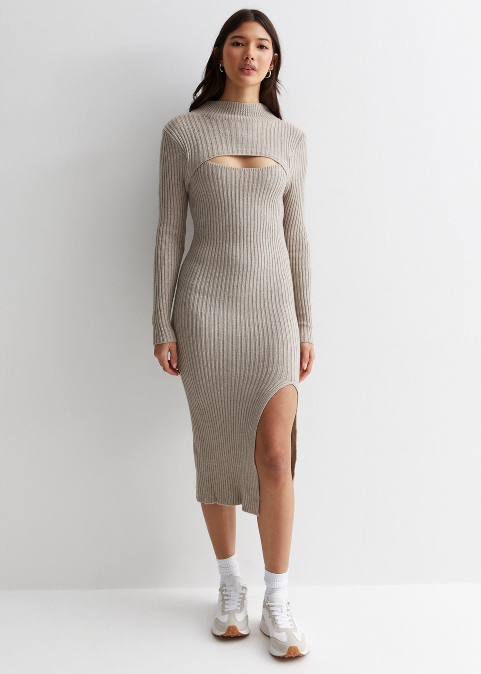 Gini London Grey Ribbed Bodycon Cut Detail Midi Dress